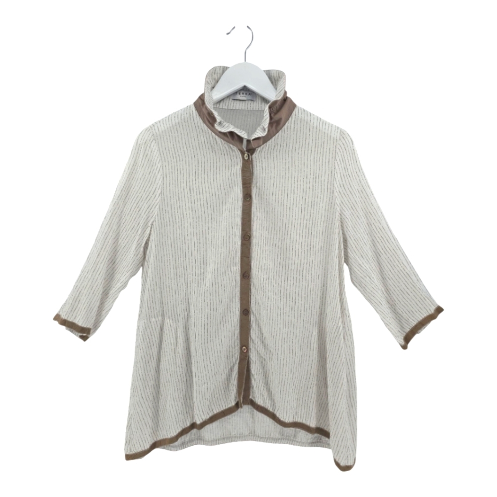 Terra SJ Tunic Size Small White with Tan Stripes Wired Collar 100% Cotton